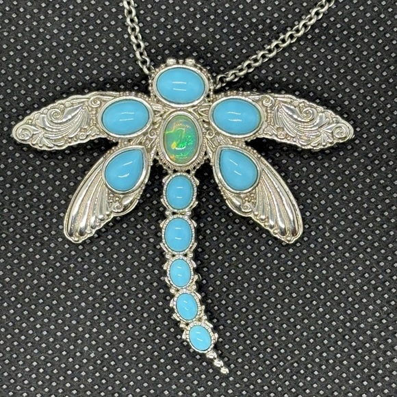 Exquisite Opal, SB Turquoise and Silver Dragonfly Pendant Necklace. 16-22” - Picture 1 of 4